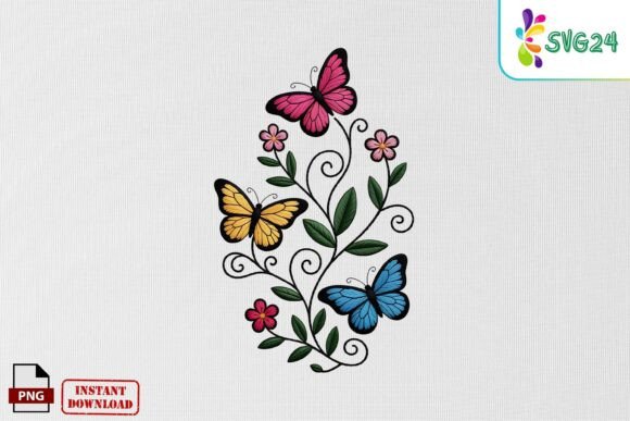 Butterfly Floral Vine Embroidery PNG