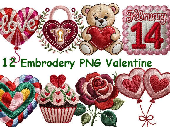 Valentine’s Day Embroidery PNGs Clipart