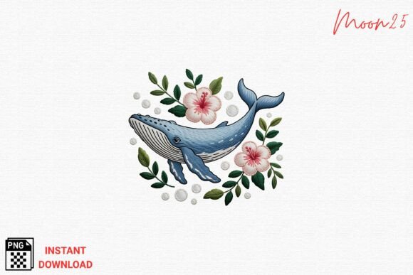 Whale Hibiscus Embroidery Art PNG
